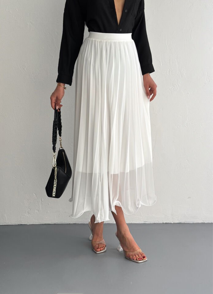 Kadın 88cm Ucu Dalgalı Piliseli Astarlı Tam Boy Tül Etek L - BEYAZ