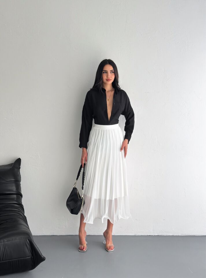 Kadın 88cm Ucu Dalgalı Piliseli Astarlı Tam Boy Tül Etek L - BEYAZ