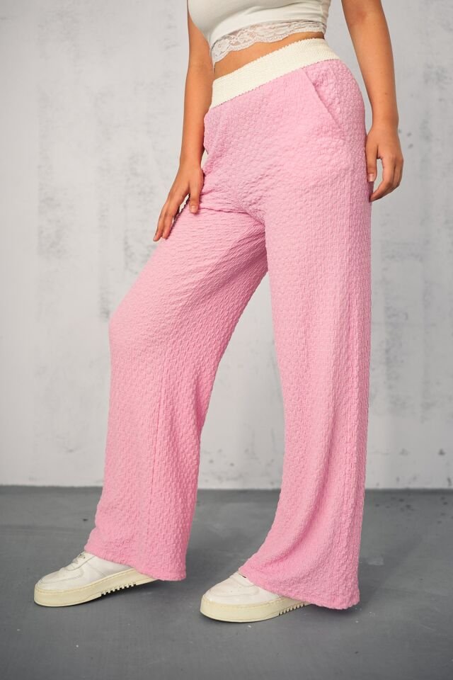 Kadın Yazlık Garnili Bel Gofre Tek Alt Pantolon S - PEMBE