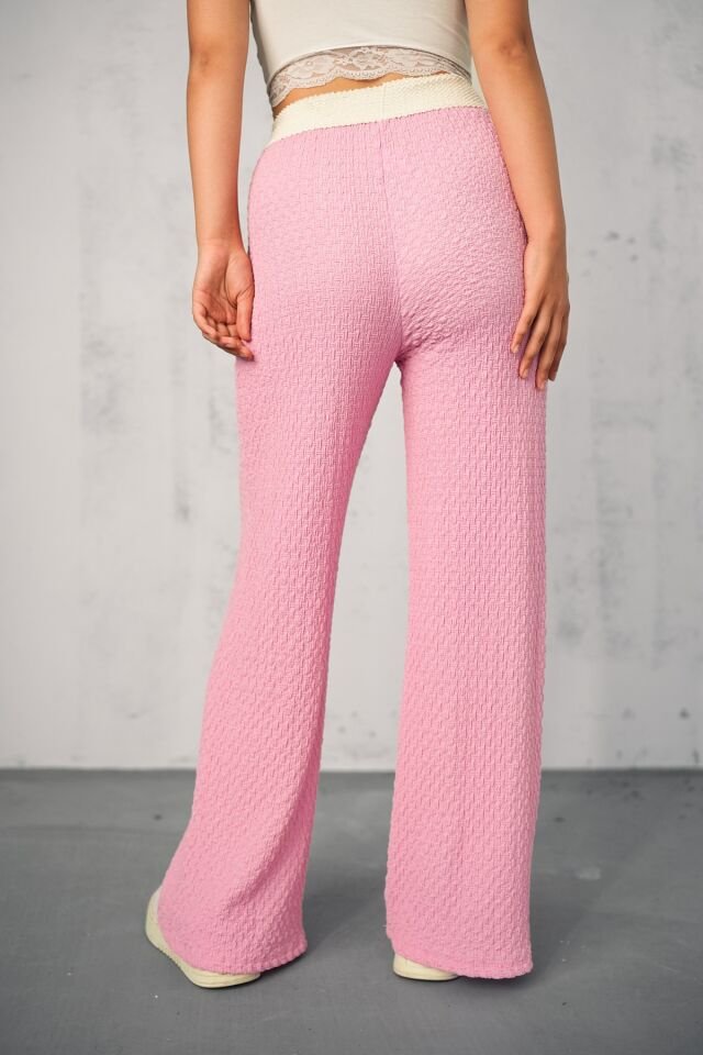 Kadın Yazlık Garnili Bel Gofre Tek Alt Pantolon S - PEMBE