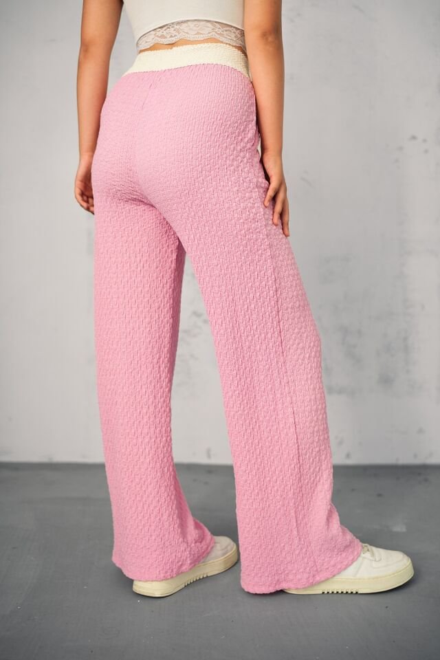Kadın Yazlık Garnili Bel Gofre Tek Alt Pantolon S - PEMBE