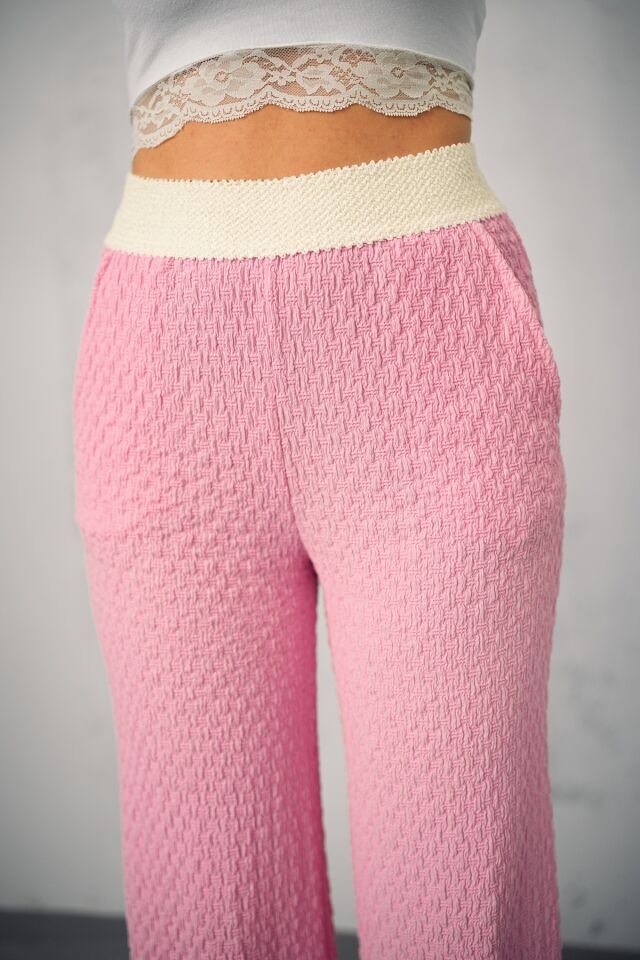 Kadın Yazlık Garnili Bel Gofre Tek Alt Pantolon S - PEMBE