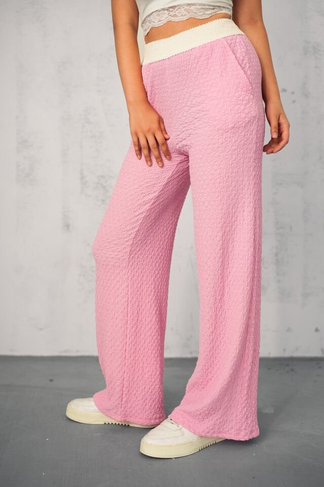 Kadın Yazlık Garnili Bel Gofre Tek Alt Pantolon S - PEMBE