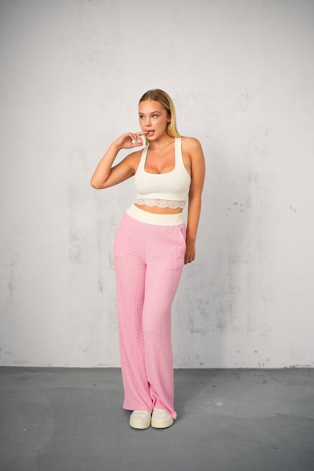 Kadın Yazlık Garnili Bel Gofre Tek Alt Pantolon M - PEMBE