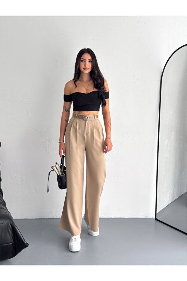 Kadın Double Kemerli ve Ön Pileli Kumaş Pantolon 2459 M - BEJ