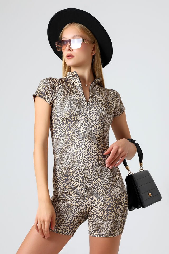 Kadın Mini Fermuarlı Şort Tulum 2XL - ORJİNAL LEOPAR KAHVERENGİ