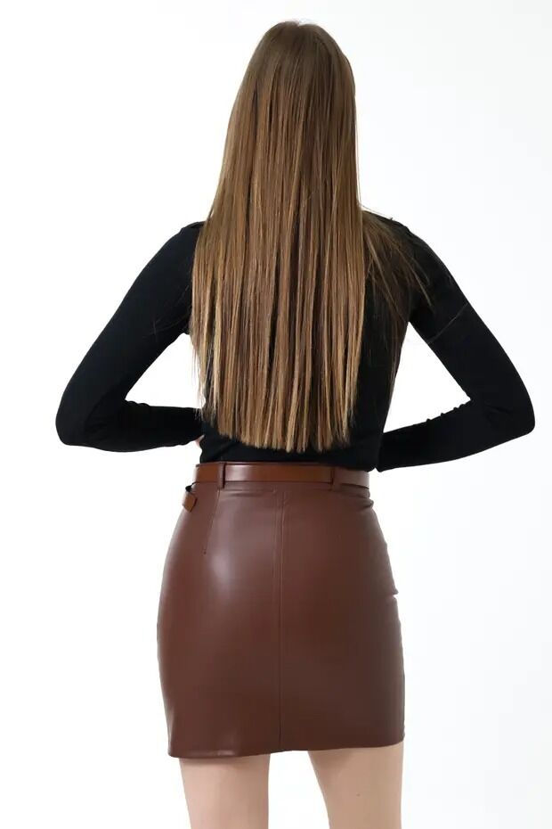 Kadın Deri Kemer Detaylı Mini Etek 2XL - KOYU KAHVE