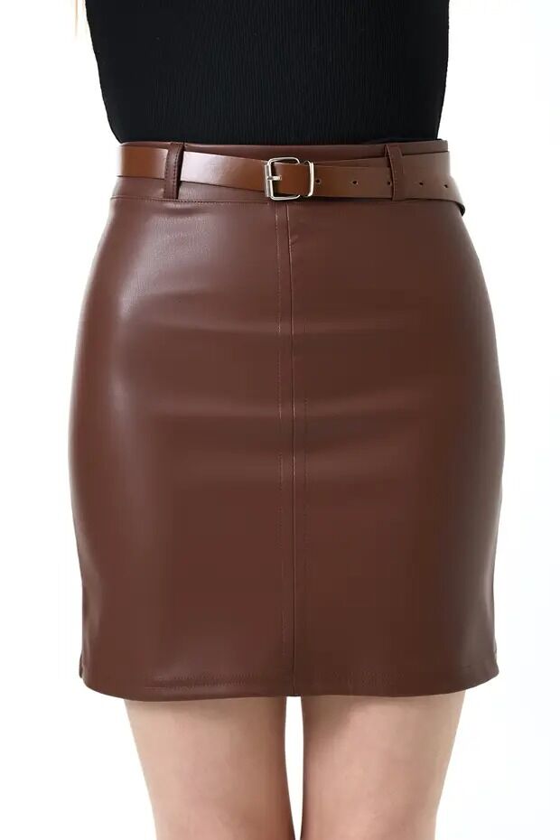 Kadın Deri Kemer Detaylı Mini Etek 2XL - KOYU KAHVE