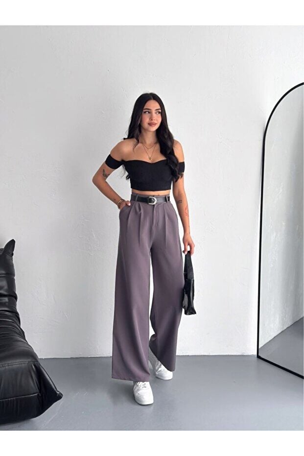 DOUBLE KUMAŞ PANTOLON KEMERLİ VE ÖN PİLELİ / BAGGY PANTOLON DOUBLE XL - FÜME GRİ