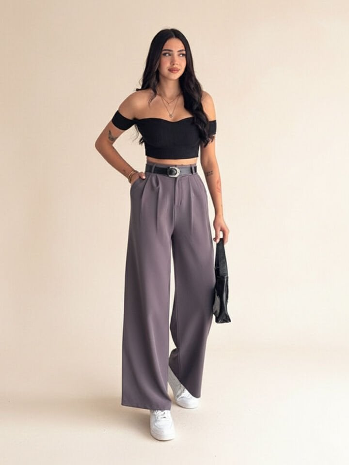 Kadın Double Kemerli ve Ön Pileli Kumaş Pantolon 2459 XL - FÜME GRİ