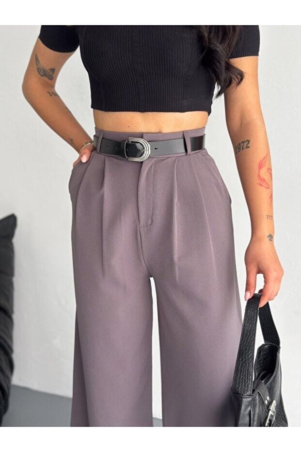 Kadın Double Kemerli ve Ön Pileli Kumaş Pantolon 2459 XL - FÜME GRİ