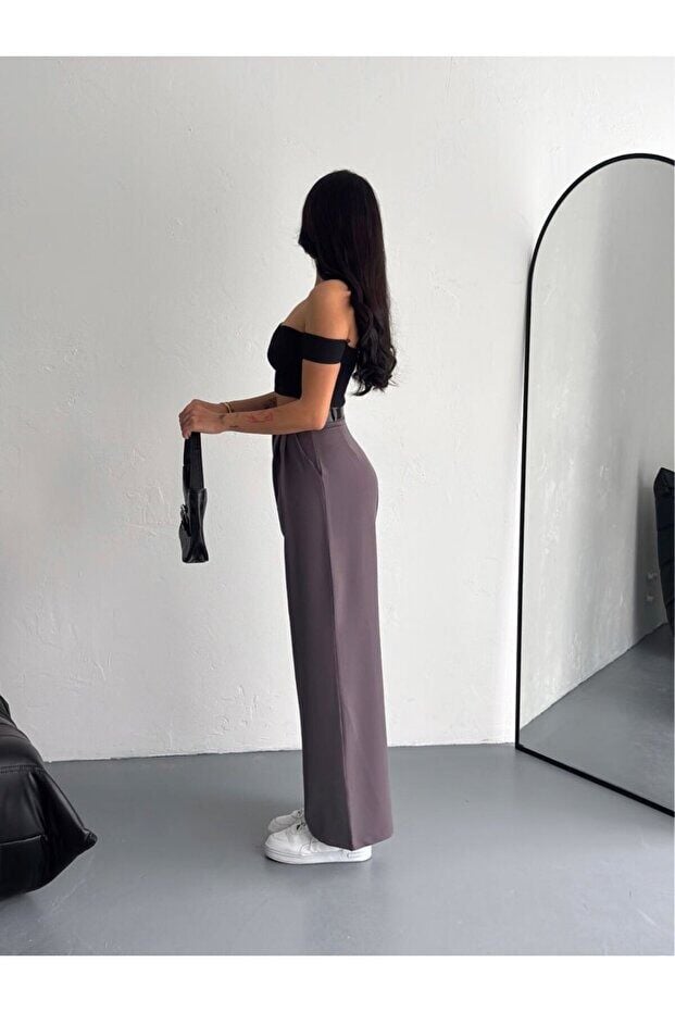 Kadın Double Kemerli ve Ön Pileli Kumaş Pantolon 2459 XL - FÜME GRİ