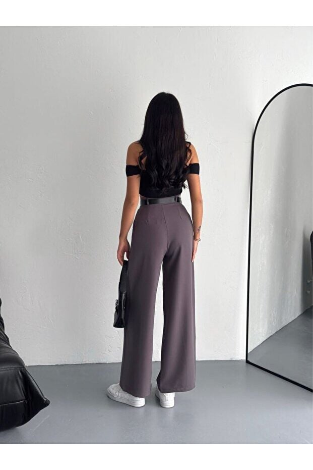 Kadın Double Kemerli ve Ön Pileli Kumaş Pantolon 2459 XL - FÜME GRİ