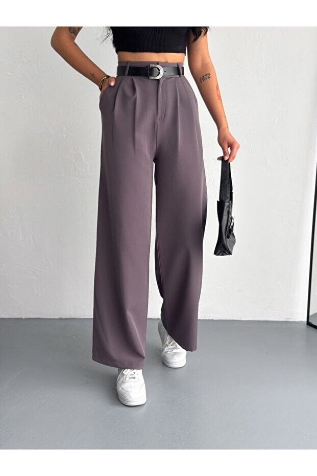 Kadın Double Kemerli ve Ön Pileli Kumaş Pantolon 2459 XL - FÜME GRİ