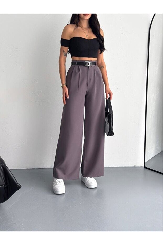 Kadın Double Kemerli ve Ön Pileli Kumaş Pantolon 2459 XL - FÜME GRİ