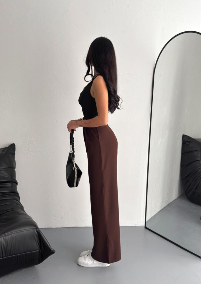 DOUBLE KUMAŞ PANTOLON KEMERLİ VE ÖN PİLELİ / BAGGY PANTOLON DOUBLE S - KAHVERENGİ