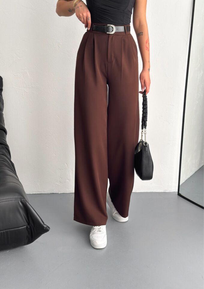 DOUBLE KUMAŞ PANTOLON KEMERLİ VE ÖN PİLELİ / BAGGY PANTOLON DOUBLE S - KAHVERENGİ