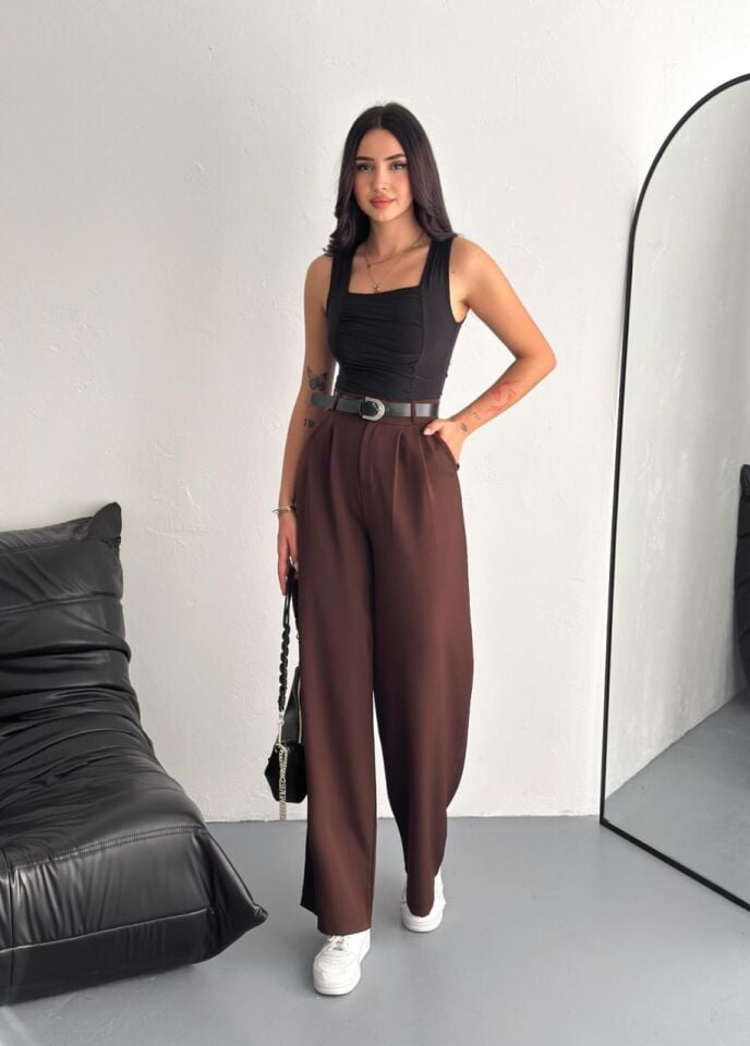 DOUBLE KUMAŞ PANTOLON KEMERLİ VE ÖN PİLELİ / BAGGY PANTOLON DOUBLE L - KAHVERENGİ