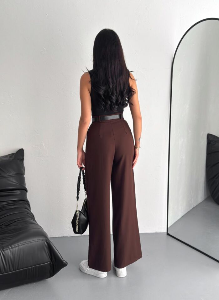 DOUBLE KUMAŞ PANTOLON KEMERLİ VE ÖN PİLELİ / BAGGY PANTOLON DOUBLE XL - KAHVERENGİ