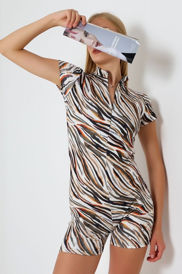 Kadın Mini Fermuarlı Şort Tulum 2XL - RENKLİ ZEBRA ÇOK RENKLİ