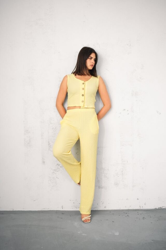 KADIN GOFRE TAKIM YELEKLİ - YELEK VE PANTOLON - YAZLIK TAKIM XL - SARI