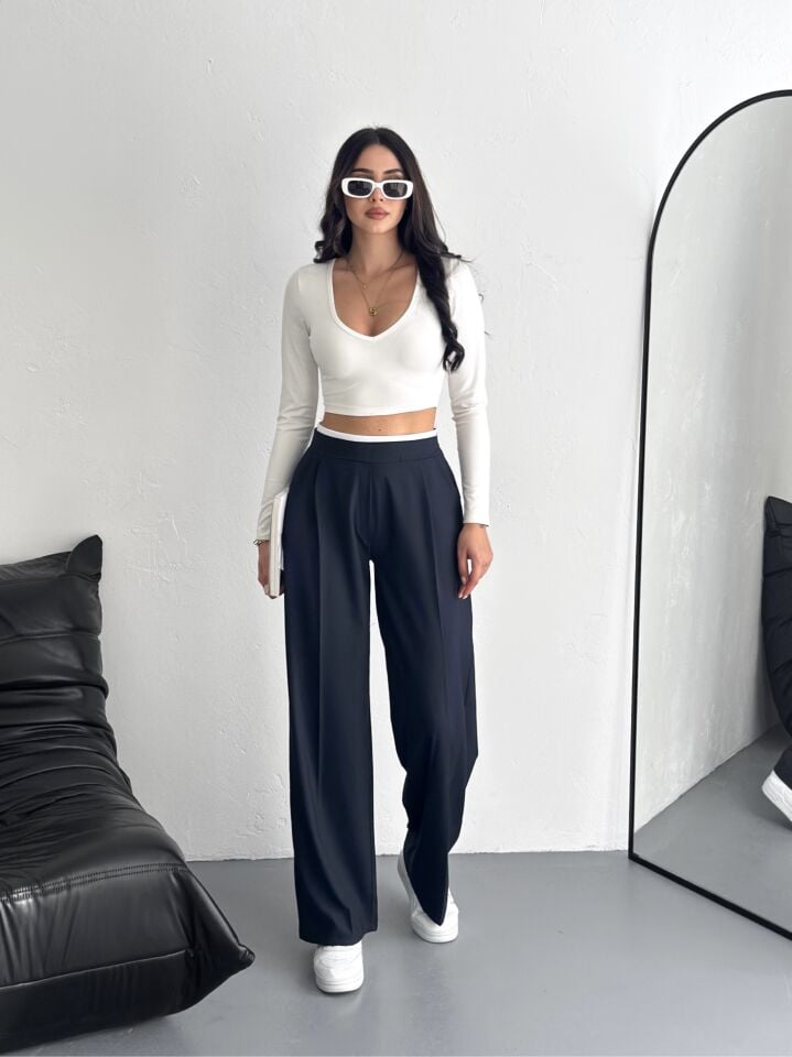 KEMER DETAYLI PALAZZO PANTOLON / KADIN KUMAŞ PANTOLON L - LACİVERT