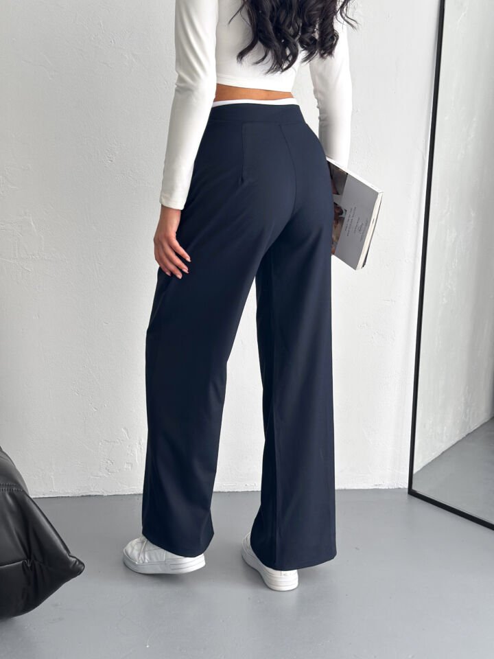 KEMER DETAYLI PALAZZO PANTOLON / KADIN KUMAŞ PANTOLON L - LACİVERT