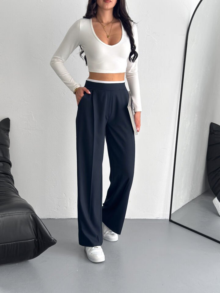 KEMER DETAYLI PALAZZO PANTOLON / KADIN KUMAŞ PANTOLON L - LACİVERT