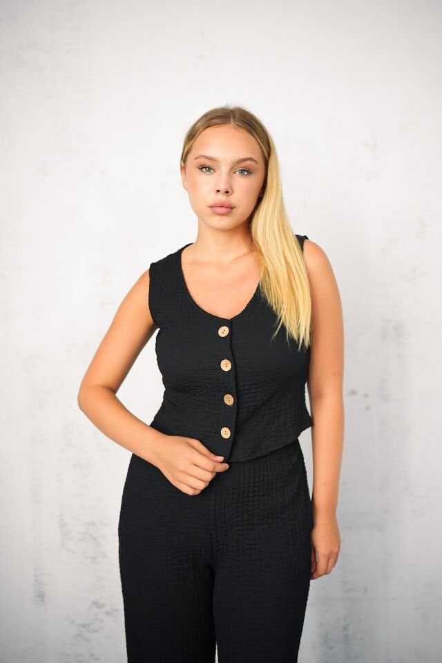 KADIN GOFRE TAKIM YELEKLİ - YELEK VE PANTOLON - YAZLIK TAKIM XL - SİYAH