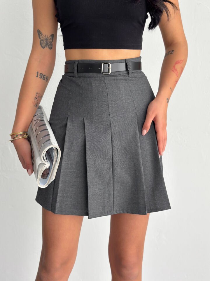 Kadın Kemerli ve Pileli İçi Taytlı Etek - 2451 L - KOYU GRİ