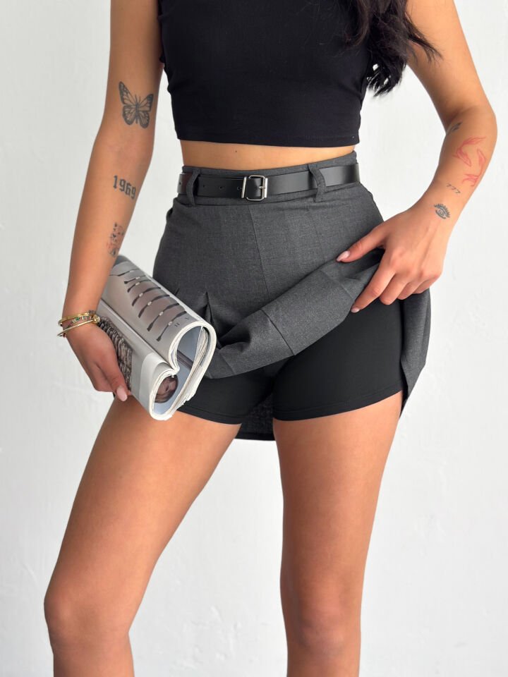 Kadın Kemerli ve Pileli İçi Taytlı Etek - 2451 L - KOYU GRİ