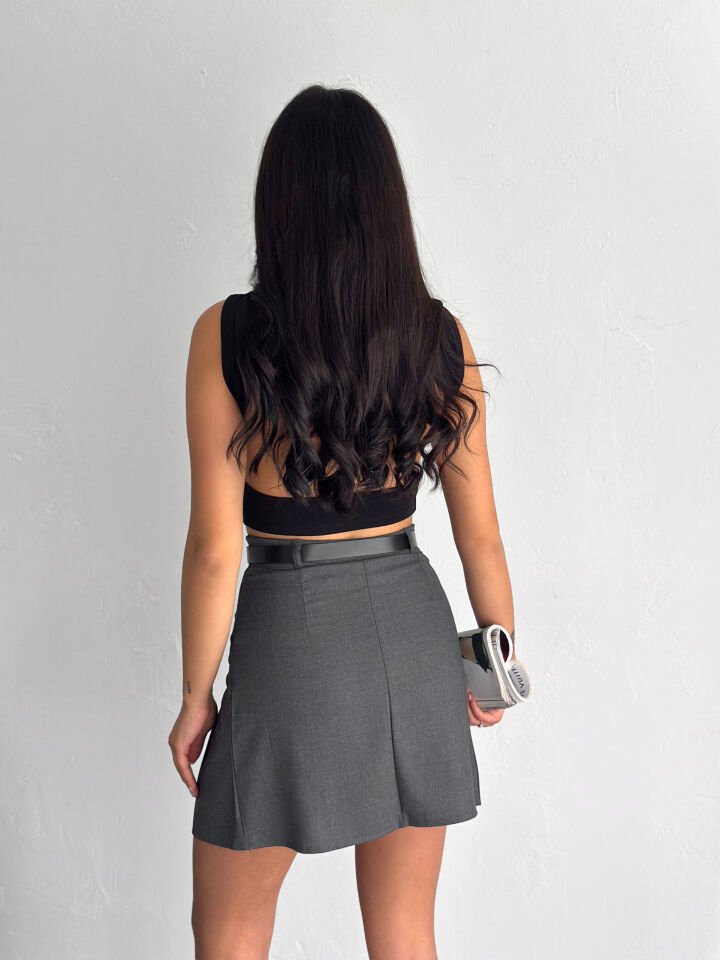 Kadın Kemerli ve Pileli İçi Taytlı Etek - 2451 L - KOYU GRİ