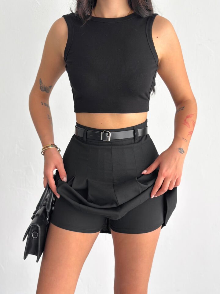 PİLELİ KUMAŞ ETEK KEMERLİ MODEL /PİLELİ ETEK İÇİ TAYTLI M - SİYAH