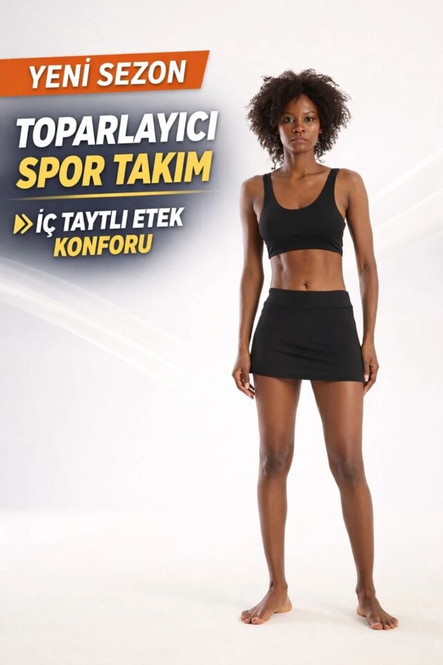 Kadın Siyah Dalgıç Kumaş Spor Takım İç Taytlı Etek & Likralı Büstiyer Fitness Pilates Günlük 2XL