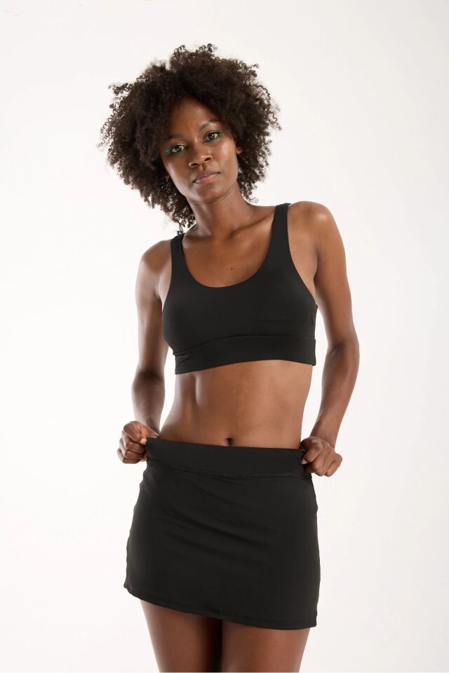 Kadın Siyah Dalgıç Kumaş Spor Takım İç Taytlı Etek & Likralı Büstiyer Fitness Pilates Günlük 2XL