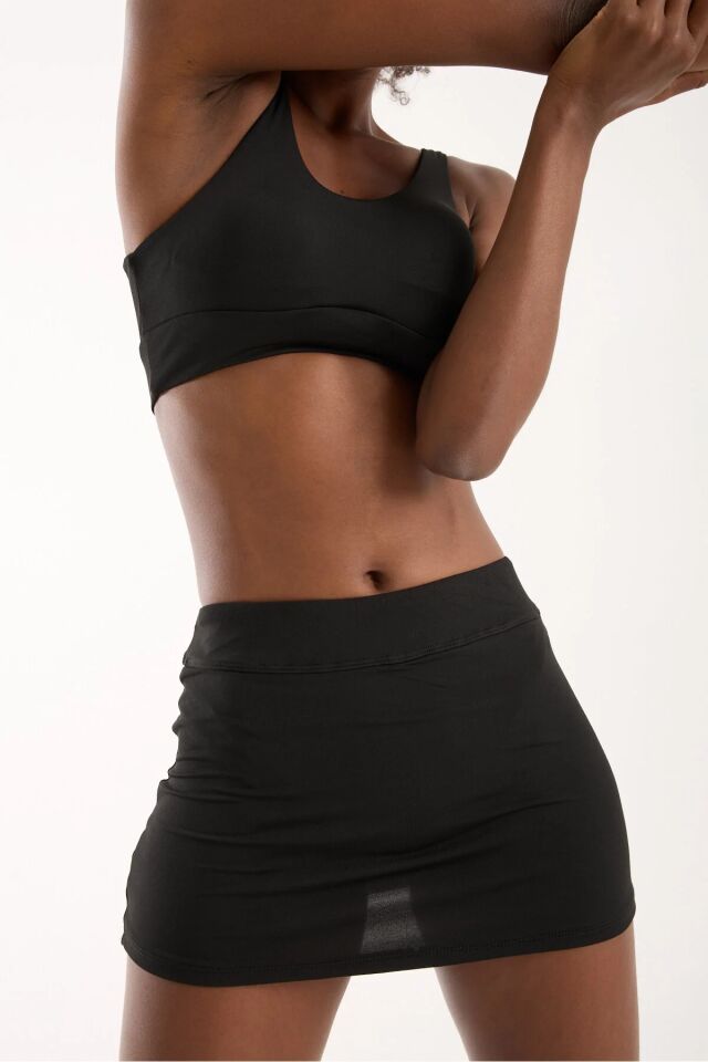 Kadın Siyah Dalgıç Kumaş Spor Takım İç Taytlı Etek & Likralı Büstiyer Fitness Pilates Günlük 2XL