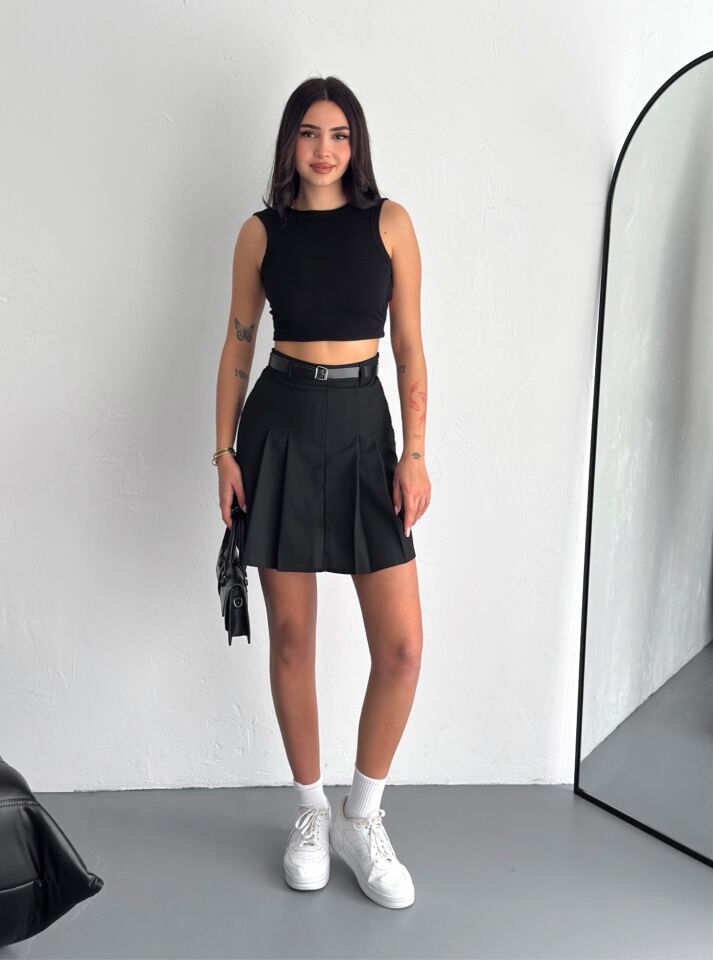 Kadın Kemerli ve Pileli İçi Taytlı Etek - 2451 L - SİYAH