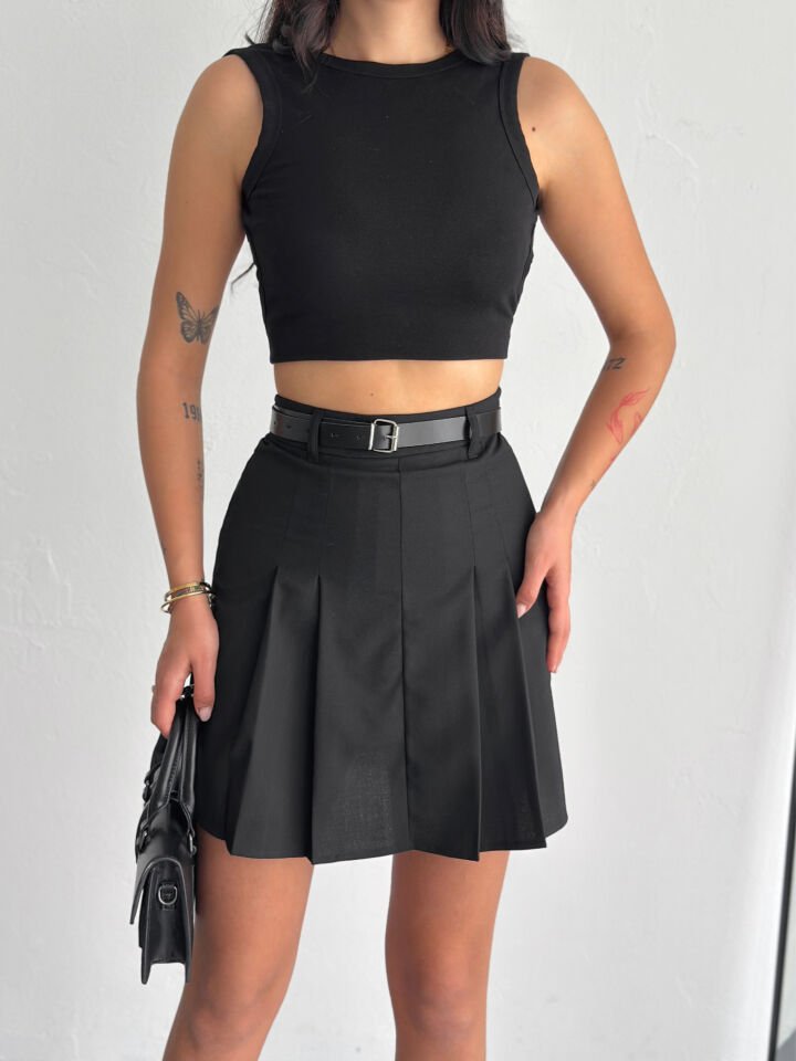 Kadın Kemerli ve Pileli İçi Taytlı Etek - 2451 L - SİYAH