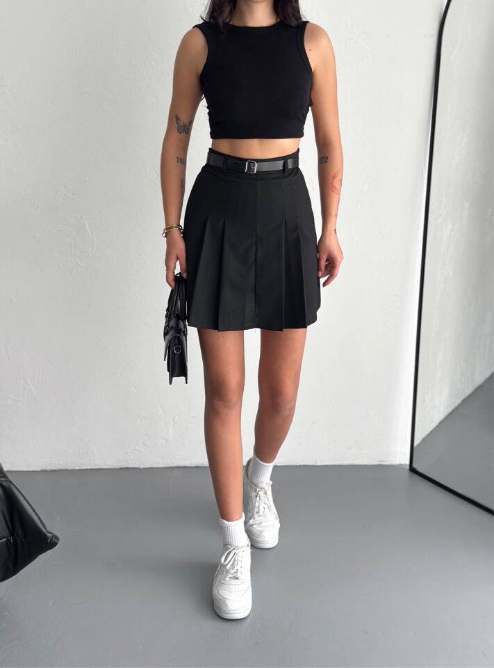 Kadın Kemerli ve Pileli İçi Taytlı Etek - 2451 L - SİYAH