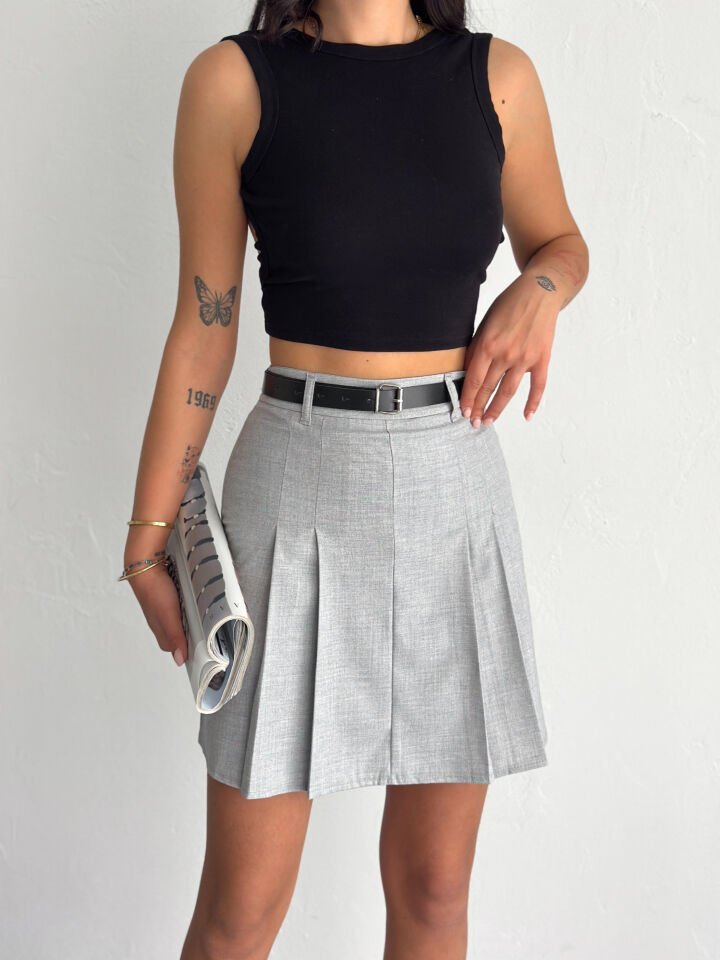 Kadın Kemerli ve Pileli İçi Taytlı Etek - 2451 L - AÇIK GRİ