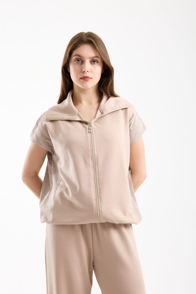 Kadın Modal Oversize Dik Yaka Tam Fermuarlı Kolsuz Salaş Jesica  Garnili Eşofman Takımı S - BEJ