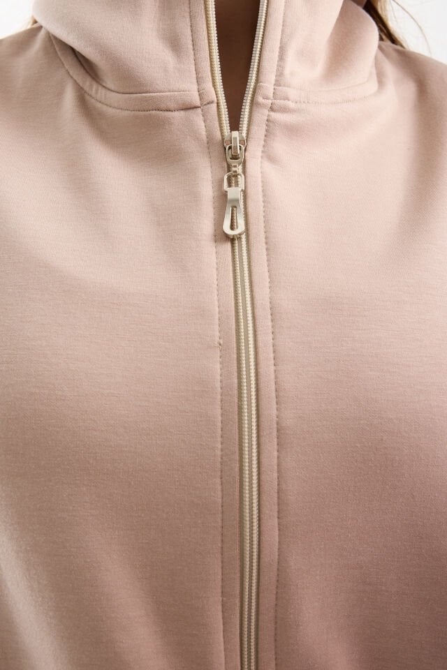 Kadın Modal Oversize Dik Yaka Tam Fermuarlı Kolsuz Salaş Jesica  Garnili Eşofman Takımı XL - BEJ