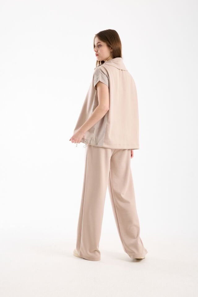 Kadın Modal Oversize Dik Yaka Tam Fermuarlı Kolsuz Salaş Jesica  Garnili Eşofman Takımı XL - BEJ