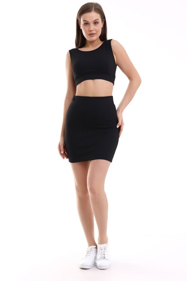 Kadın Crop Bluz Takım L - SİYAH