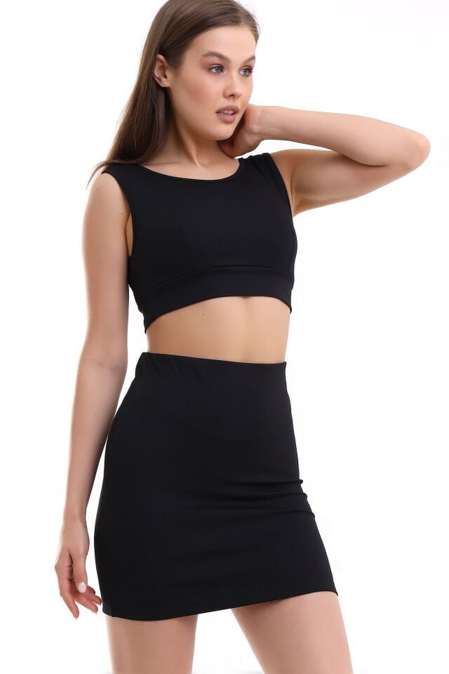 Kadın Crop Bluz Takım L - SİYAH