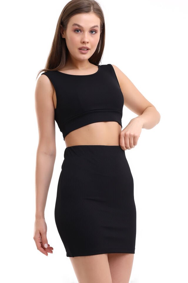 Kadın Crop Bluz Takım L - SİYAH