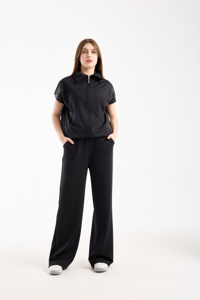 Kadın Modal Oversize Dik Yaka Tam Fermuarlı Kolsuz Salaş Jesica  Garnili Eşofman Takımı S - SİYAH