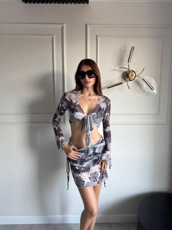 Kadın Pareo Etek Üst ve Alt 4'lü Bikini Takım L - GRİ TONLAR