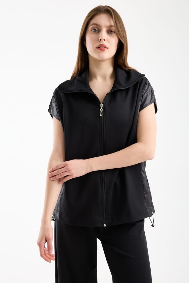 Kadın Modal Oversize Dik Yaka Tam Fermuarlı Kolsuz Salaş Jesica  Garnili Eşofman Takımı M - SİYAH