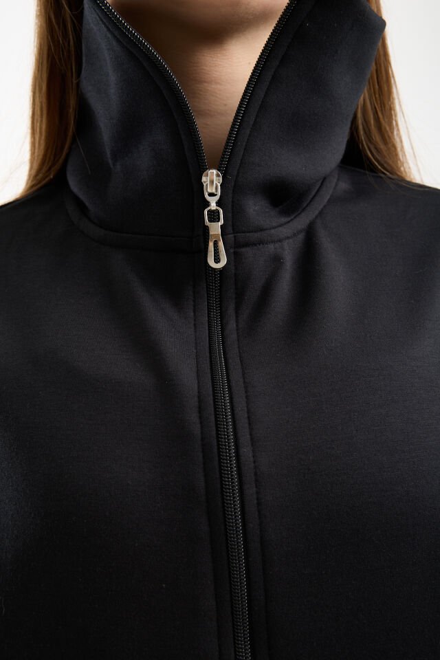 Kadın Modal Oversize Dik Yaka Tam Fermuarlı Kolsuz Salaş Jesica  Garnili Eşofman Takımı M - SİYAH